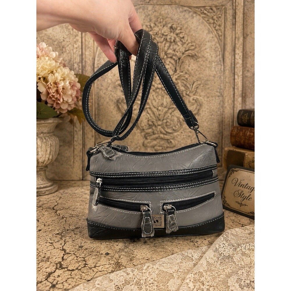 Stone & Co Gray Black Multi Zip Crossbody Clutch Purse Bag NWOT Chic
